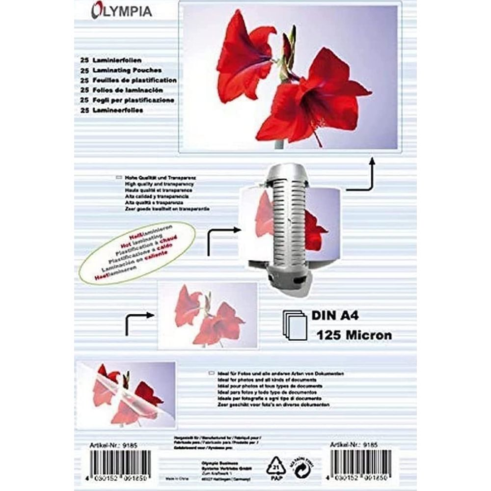 Emballage de Pochettes de Plastification Olympia, DIN A4, 125 microns, avec fleurs rouges.