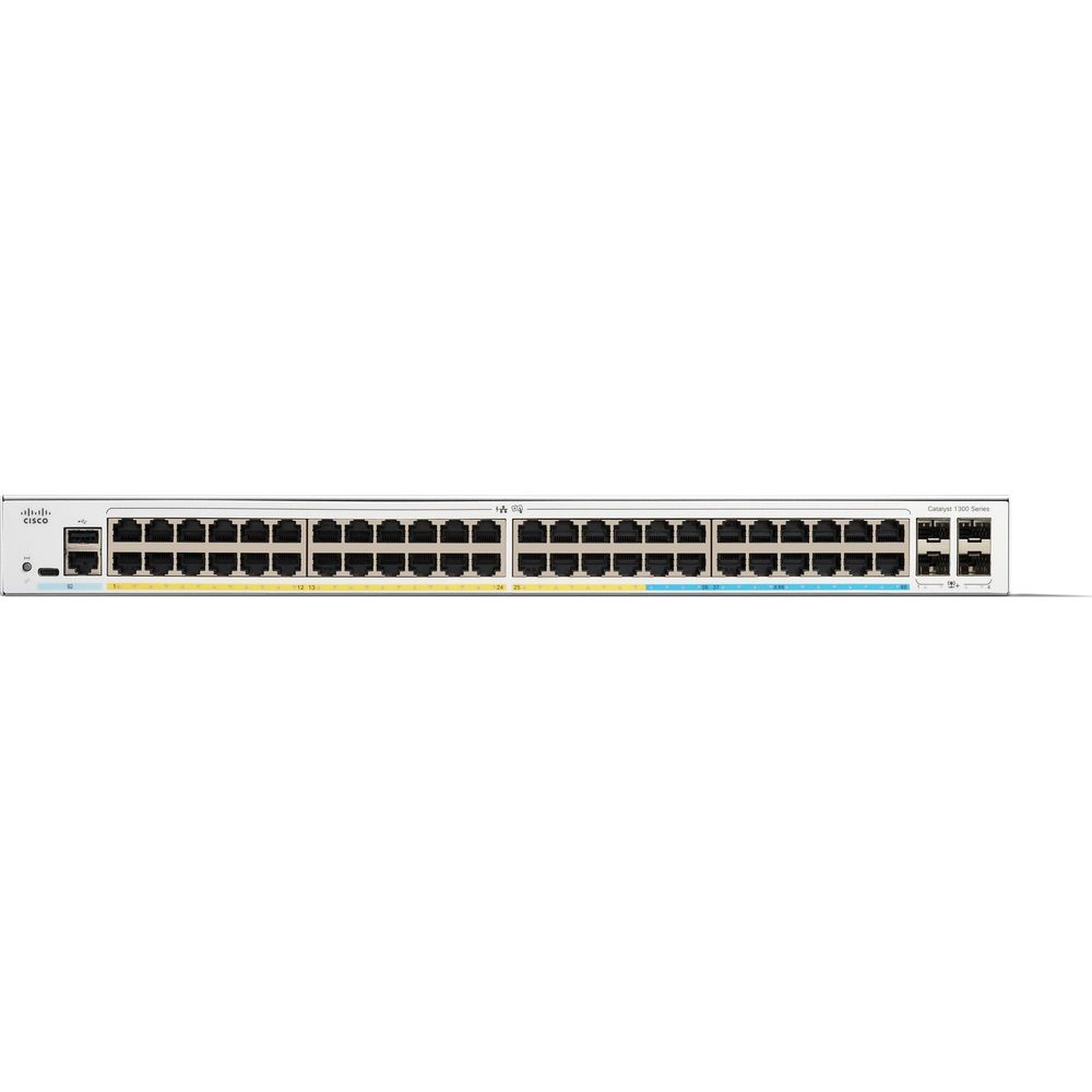 Biały przełącznik Cisco Catalyst 1300 z 48 portami, widok z przodu.