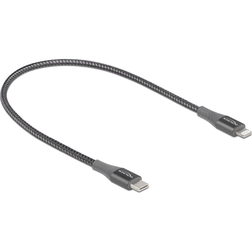 Un cavo USB-C a Lightning intrecciato grigio su sfondo bianco.