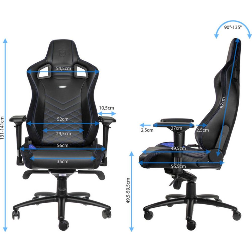 Ein schwarzer Gaming-Stuhl mit blauen Akzenten wird von vorne und von der Seite gezeigt, mit Maßen.