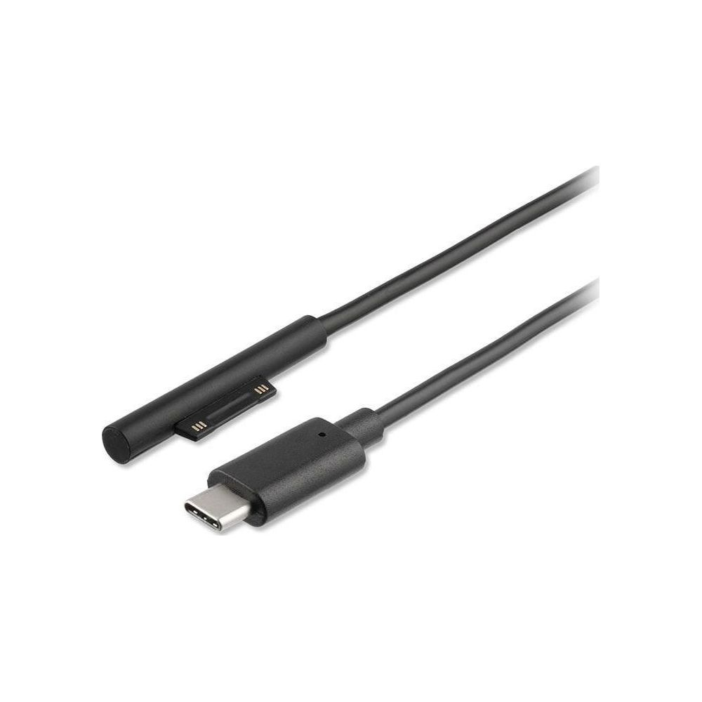 Ein schwarzes USB-C-Kabel und ein magnetisches Ladekabel für ein Surface-Gerät.