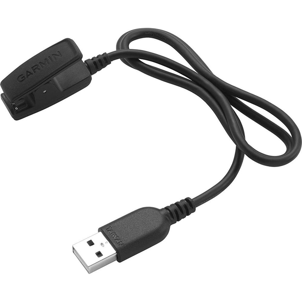 Cable de carga USB Garmin negro con conector de clip y conector USB-A.