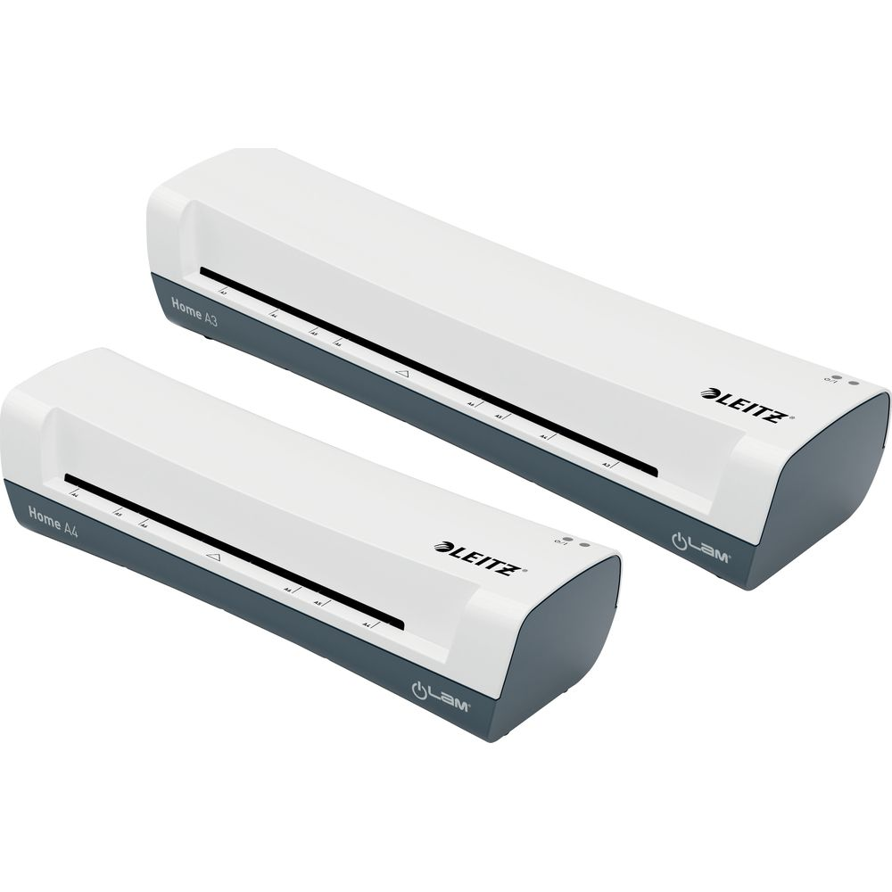 Dwie biało-szare laminatory Leitz, format A3 i A4, na białym tle.
