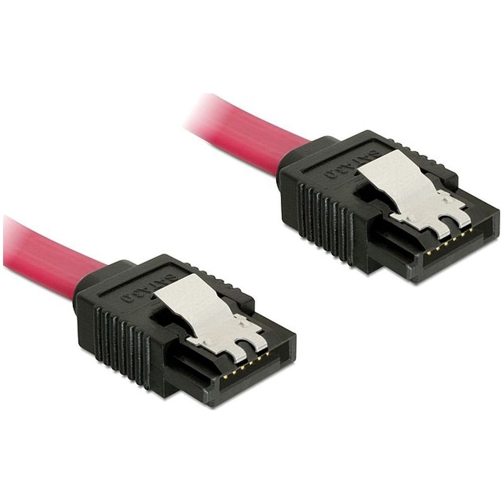 Due cavi SATA rossi con connettori neri e clip metalliche.
