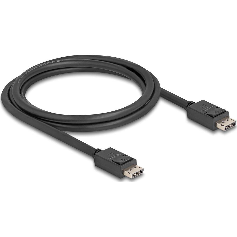 Un cavo DisplayPort nero con due connettori su sfondo bianco.