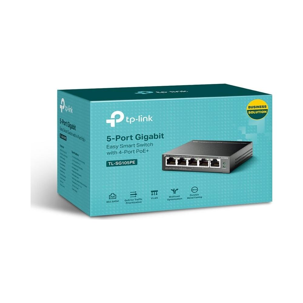 TP-Link 5-portowy Gigabit Easy Smart Switch z 4 portami PoE+ na pudełku.