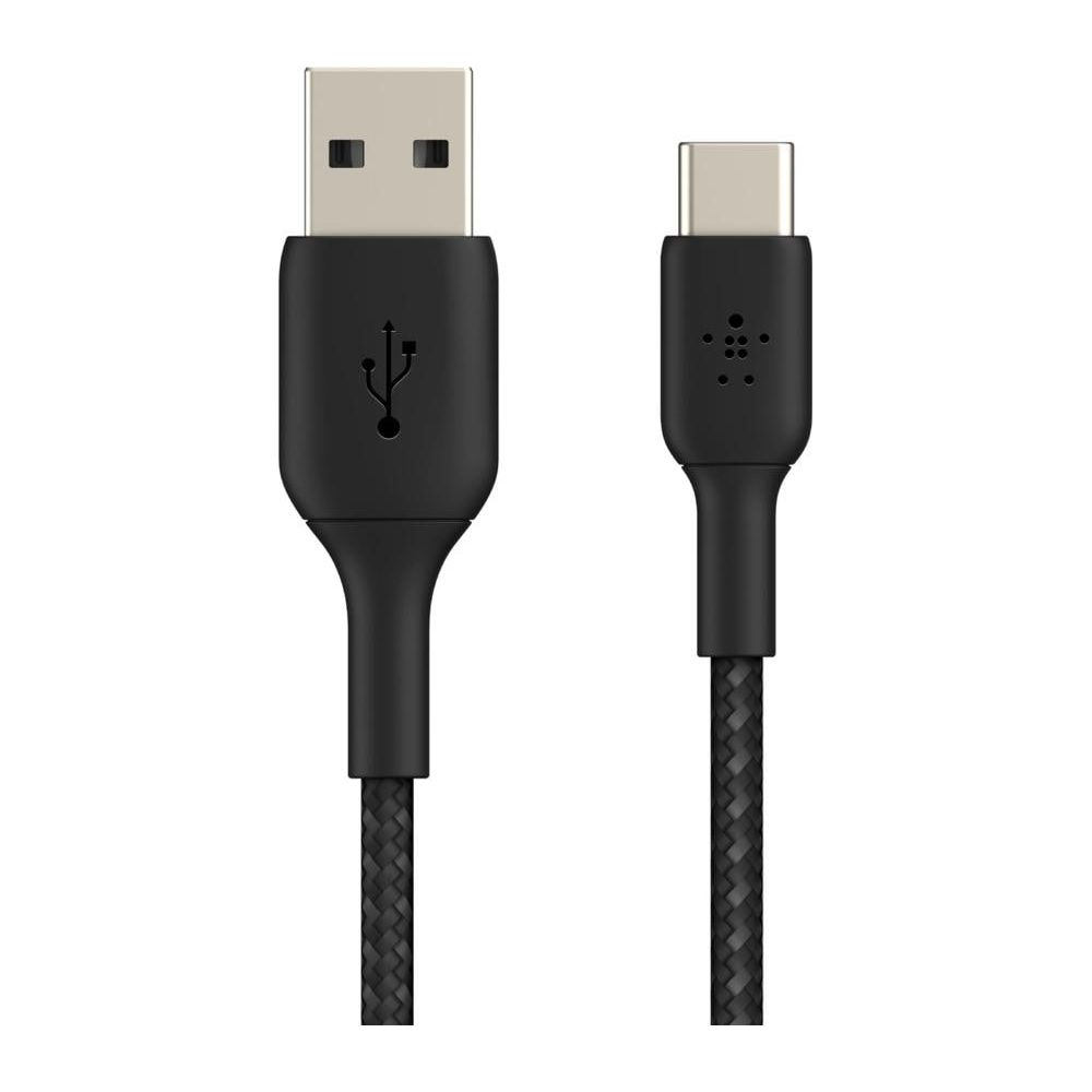 Een zwarte USB-A naar USB-C kabel met gevlochten mantel.