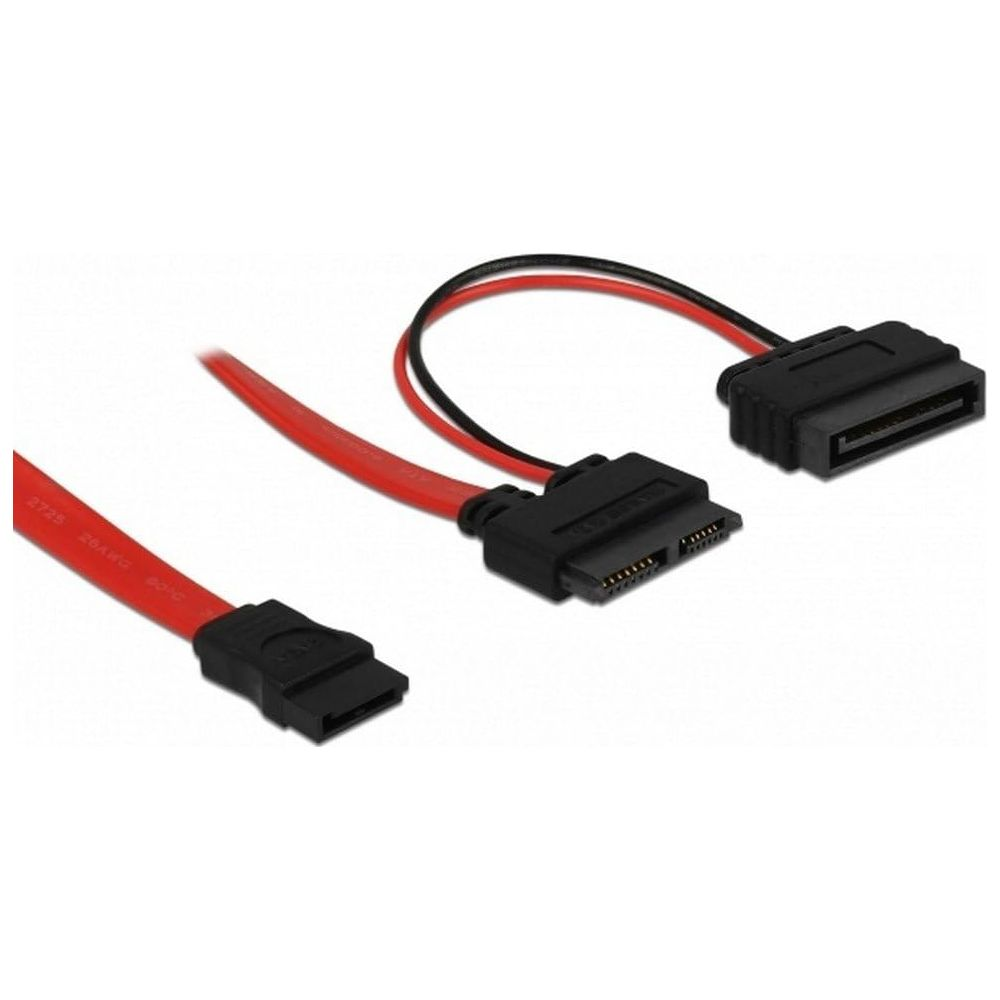 Un cavo SATA rosso con connettori neri, su sfondo bianco.