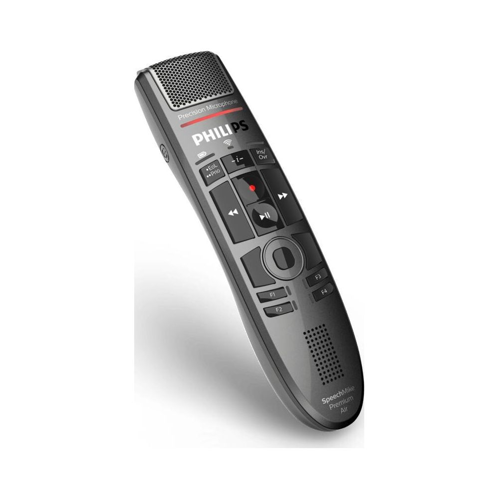 Ein schwarzes Philips SpeechMike Premium Air Diktiergerät mit Tasten und Lautsprechergitter.