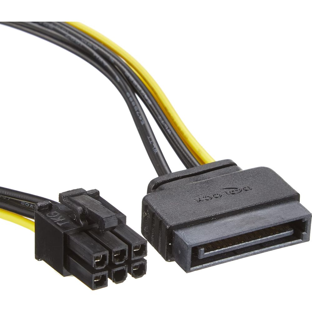 Ein schwarzer 6-Pin-Stromstecker neben einem schwarzen SATA-Datenstecker mit gelben und schwarzen Kabeln.