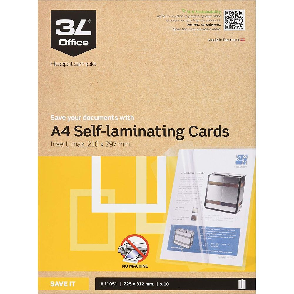 Verpackung für A4-Selbstlaminierkarten mit Produktinformationen und Logo.