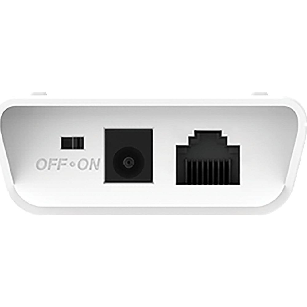 Weiße Box mit EIN/AUS-Schalter, Stromanschluss und Ethernet-Port.