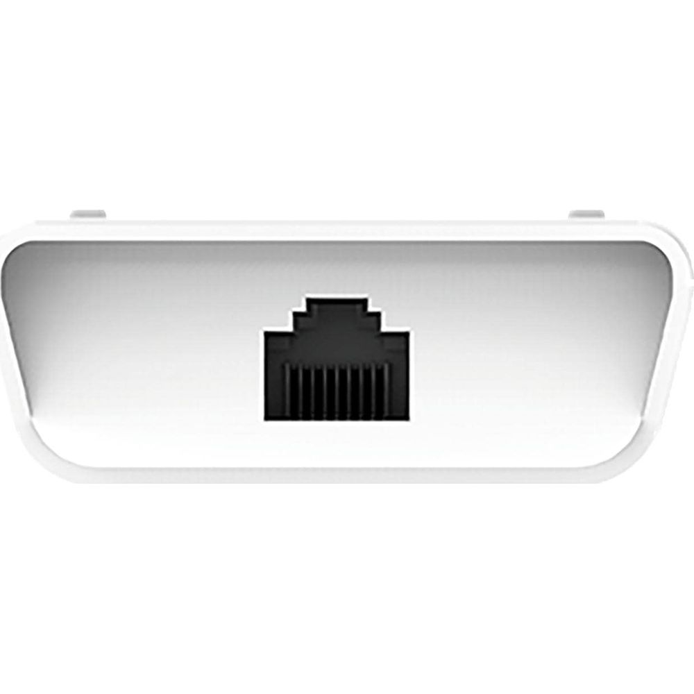 Ein weißes Gehäuse mit einem schwarzen Ethernet-Anschluss.