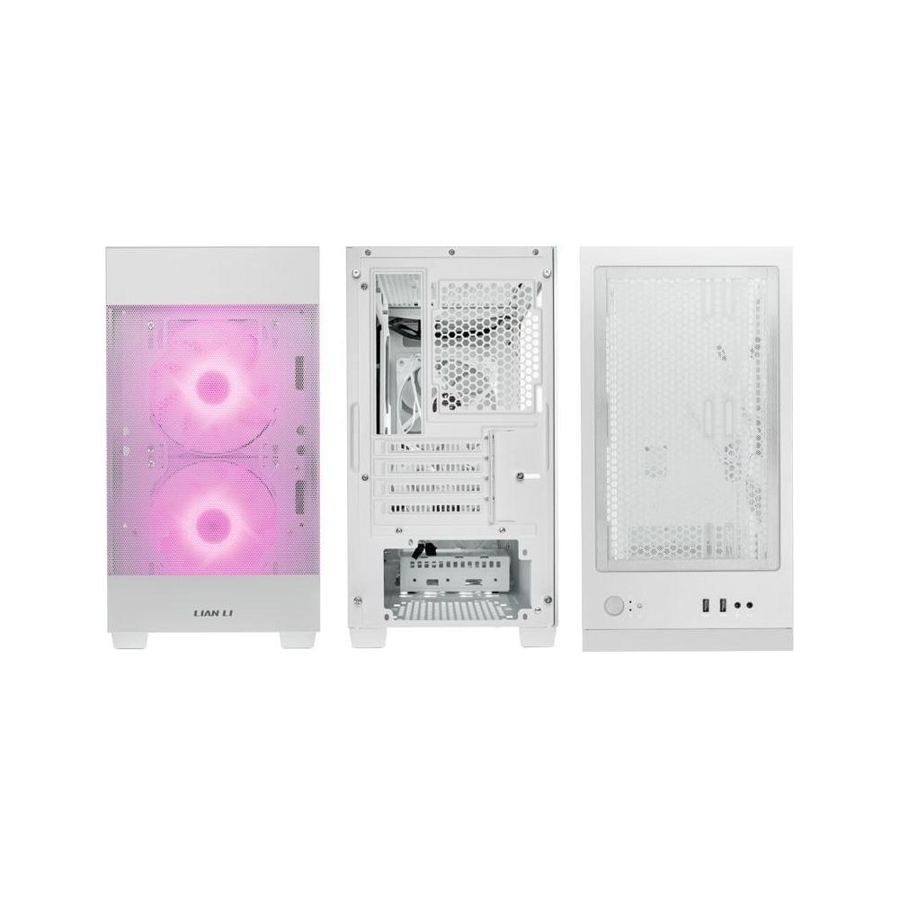 Biała obudowa komputera z widokiem z przodu, tyłu i z boku.