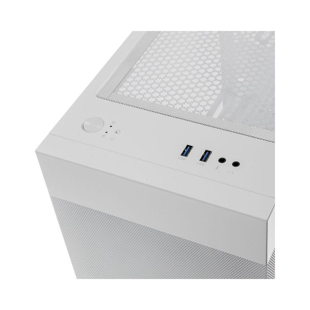 Biała góra obudowy komputera z portami USB i kratką wentylacyjną.