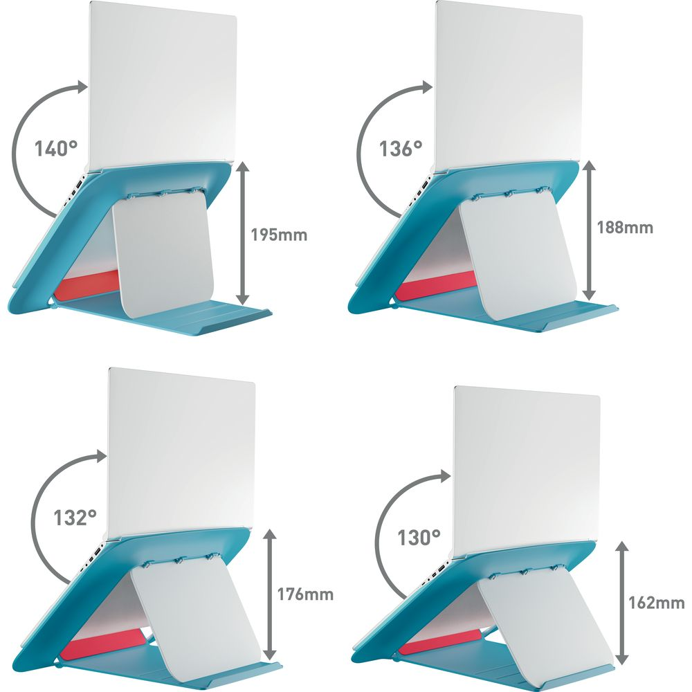 Ein blauer Ständer mit weißem Blatt, Winkel von 140° bis 130°.