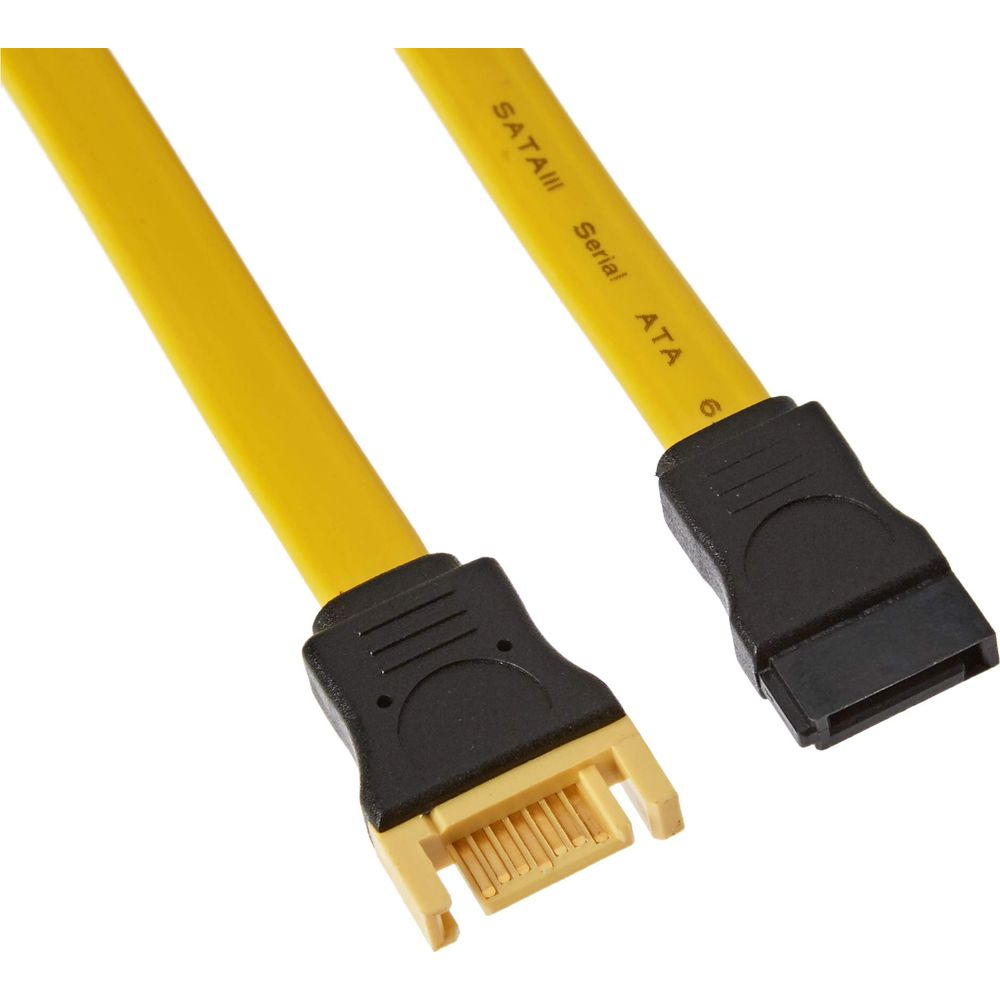Yellow SATA cable with black connectors, labeled SATAIII Serial ATA 6.