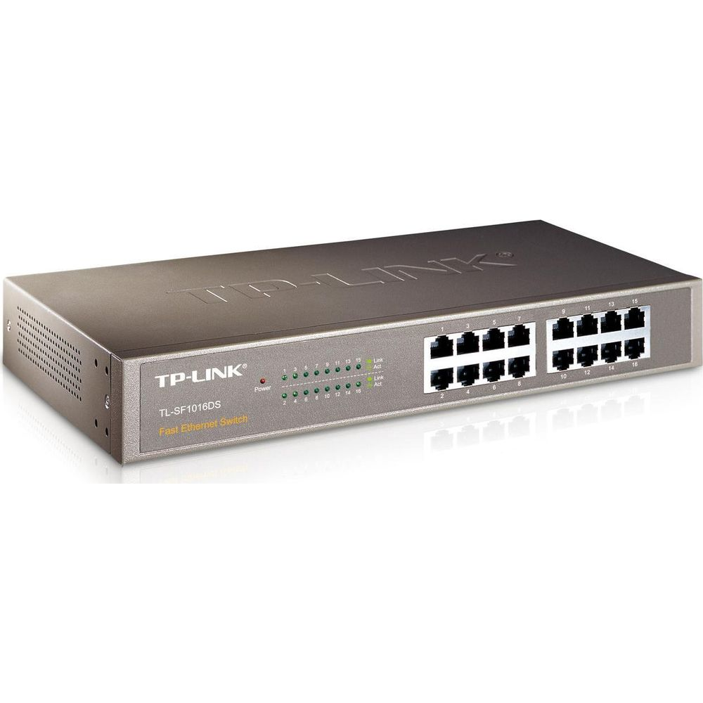 Srebrny przełącznik TP-Link Fast Ethernet z 16 portami i wskaźnikami LED.