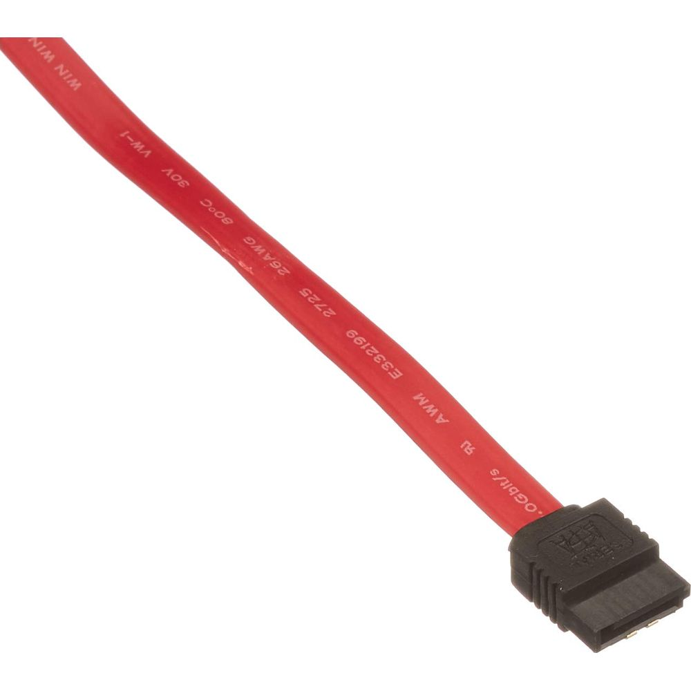 Un cavo SATA rosso con connettore nero, valutato per 6 Gb/s.