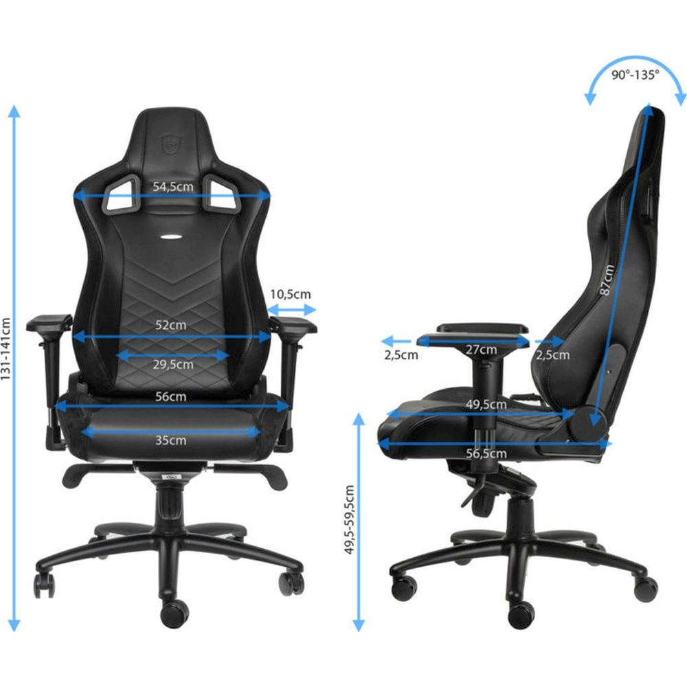 Schwarzer Gaming-Stuhl mit Maßen. Vorder- und Seitenansicht.