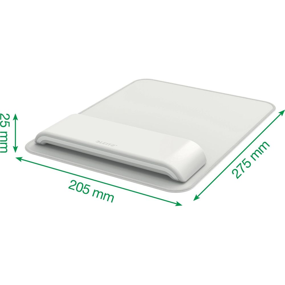 Repose-poignet blanc sur tapis de souris blanc, avec dimensions.