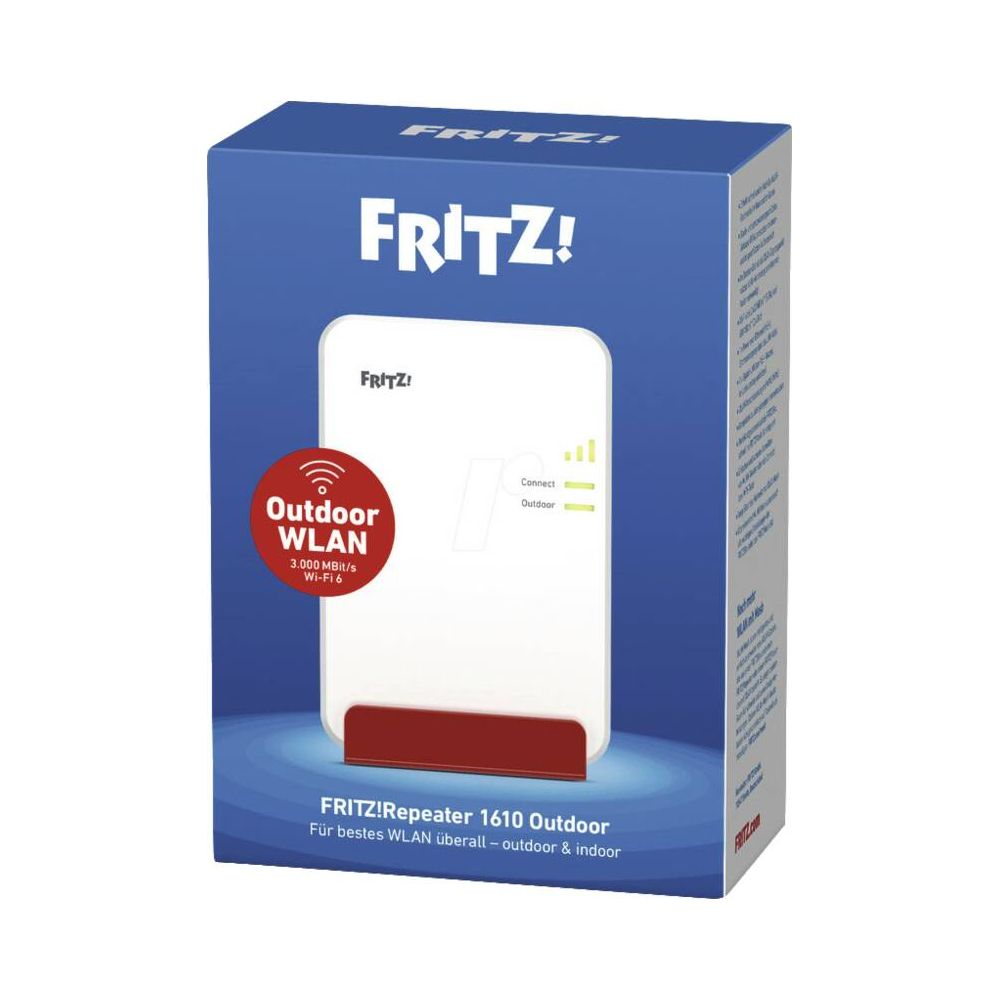 Verpackung für FRITZ!Repeater 1610 Outdoor. Weiße Box mit blauer Aufschrift.