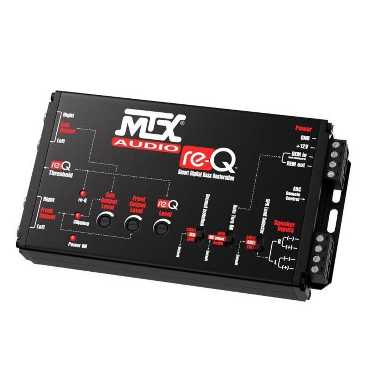 Schwarzes MTX Audio re-Q Bass-Restaurationsgerät mit Reglern und Anschlüssen.