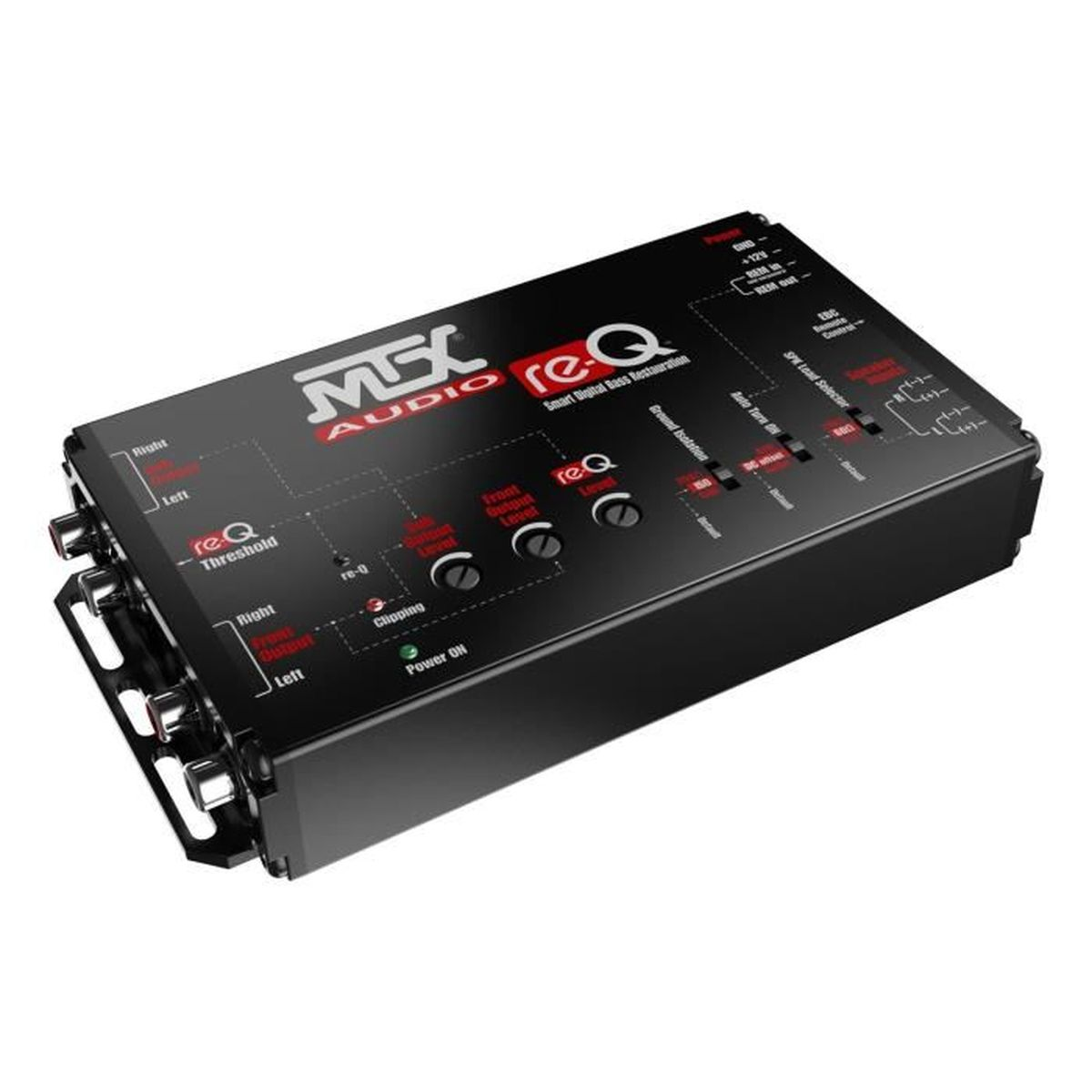 Schwarzes Audiogerät mit Anschlüssen und Reglern für Bassrestauration.