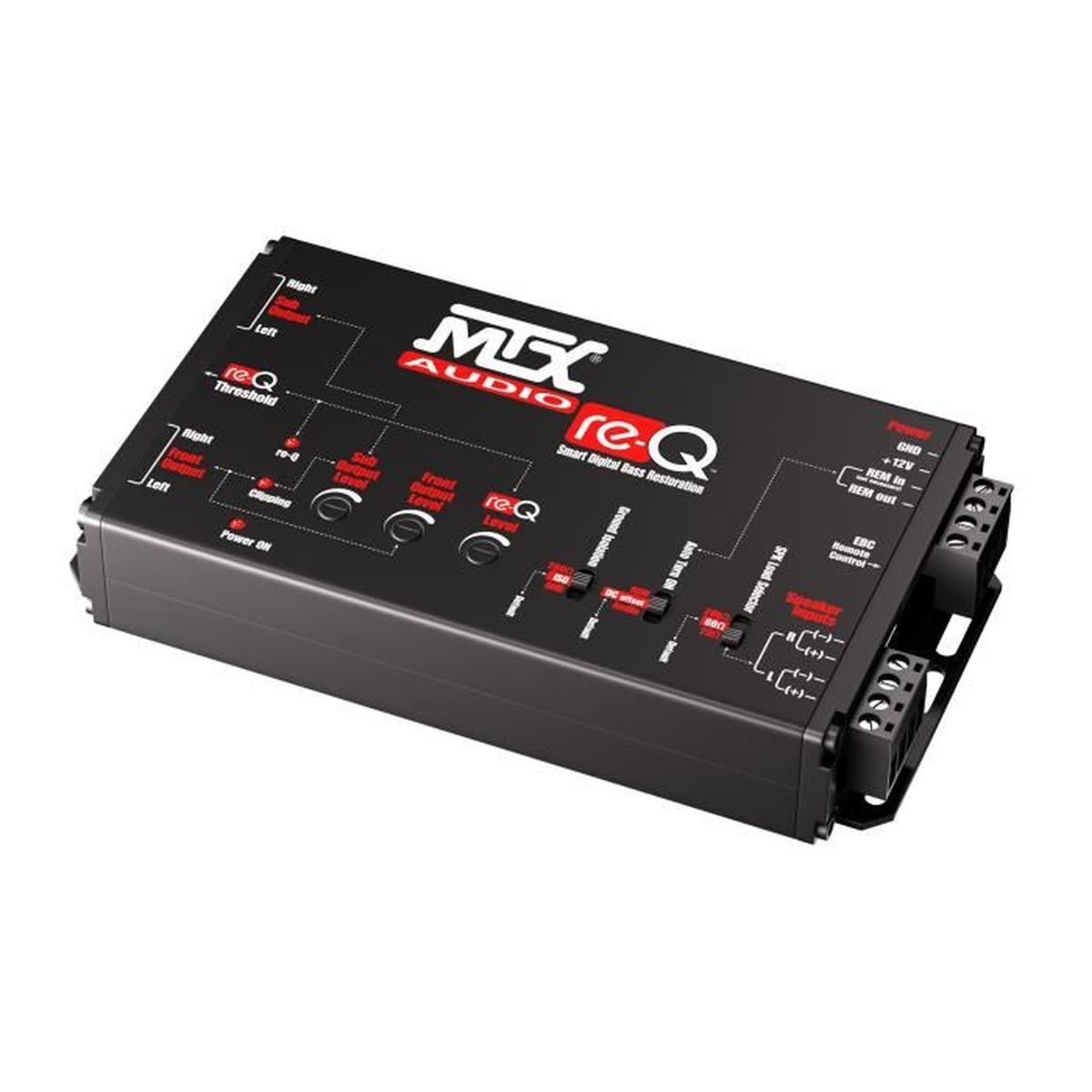 Schwarzer MTX Audio re-Q Bass-Restaurator mit Reglern und Anschlüssen.