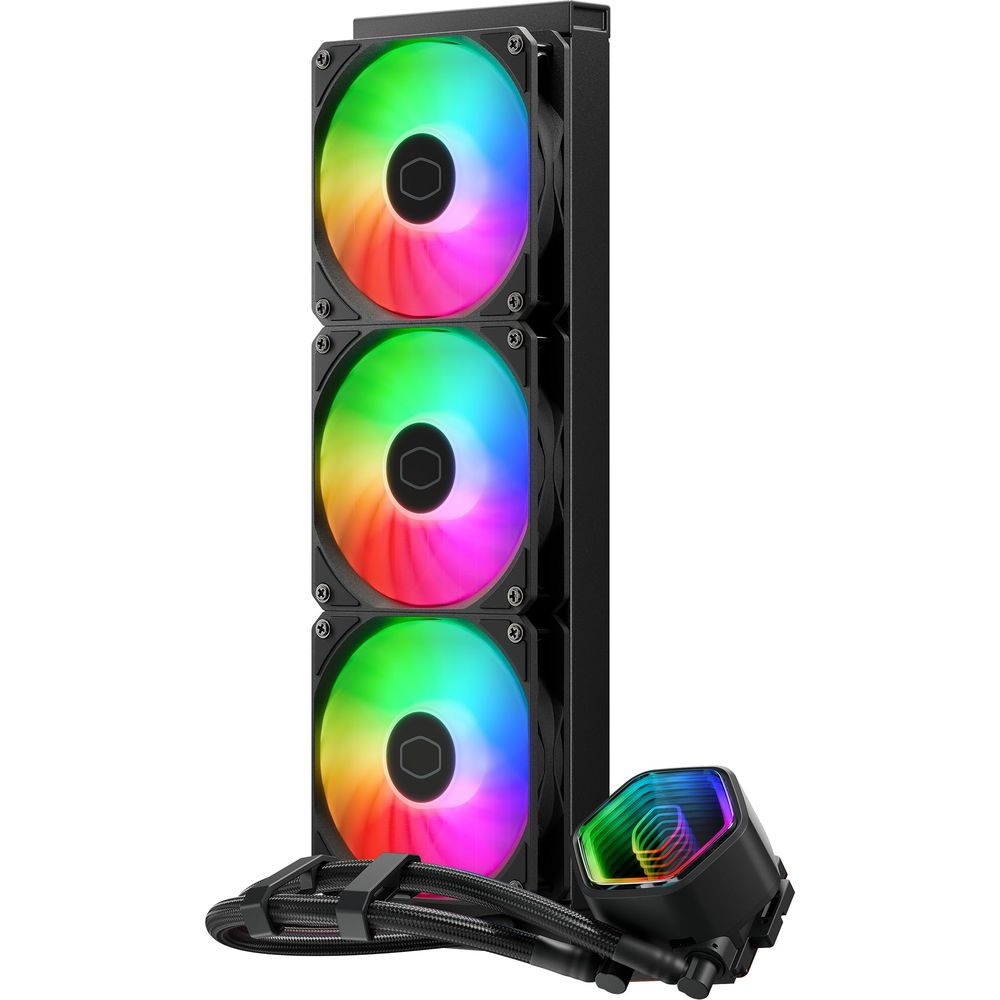 Czarna chłodnica CPU z trzema wentylatorami RGB i pompą.
