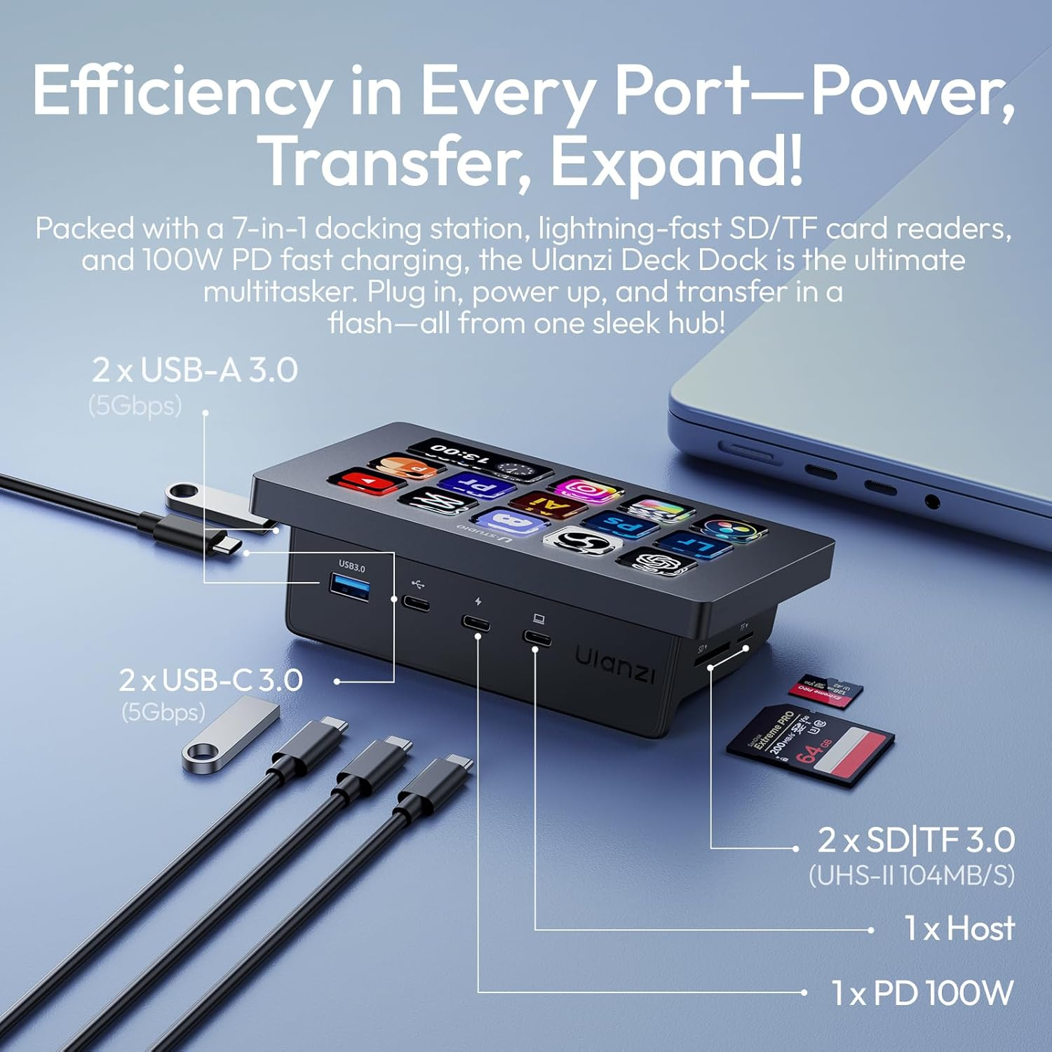 Una estación de acoplamiento 7 en 1 con USB-A, USB-C, ranuras SD/TF y 100W PD.