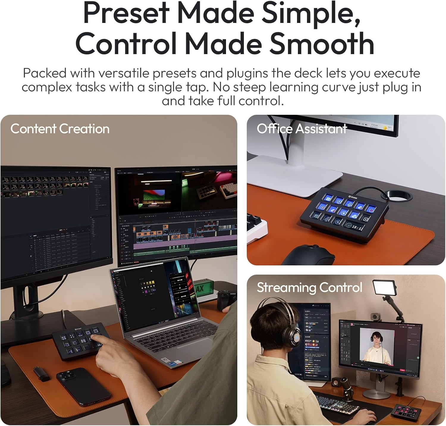 Cuatro escenas muestran un teclado macro para creación de contenido, oficina y streaming.