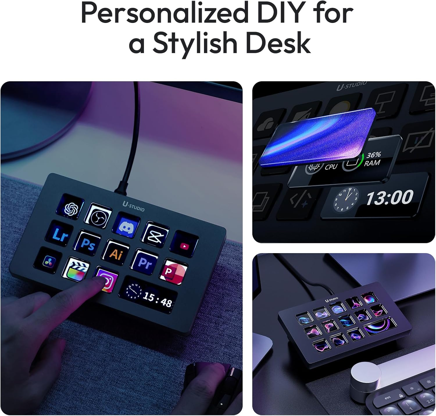 Un stream deck con botones iluminados para apps y hora.