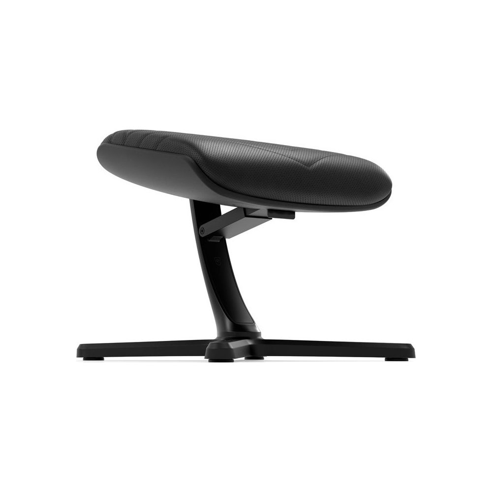 Schwarzer ergonomischer Hocker mit gepolstertem Sitz und Metallgestell.