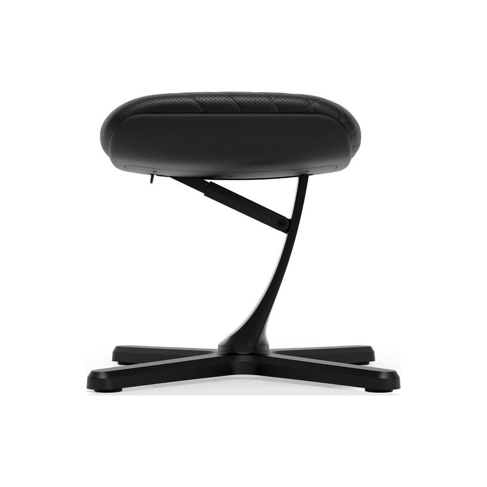 Ein schwarzer ergonomischer Hocker mit texturiertem Sitz und Fünfsternfuß.