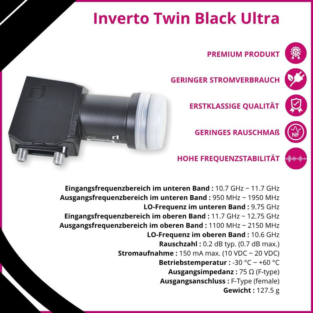 Ein schwarzer Inverto Twin Black Ultra LNB mit technischen Daten und Icons.