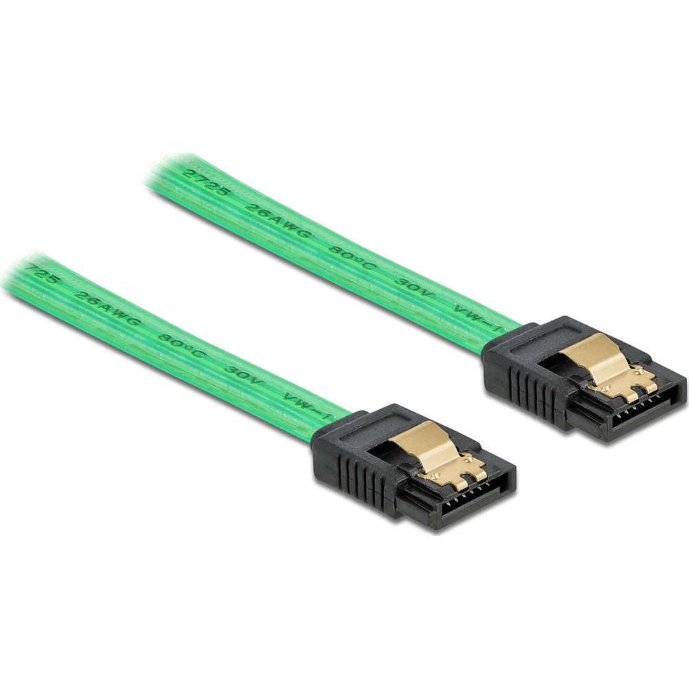 Due cavi SATA verdi con connettori neri e clip dorate giacciono uno accanto all'altro.