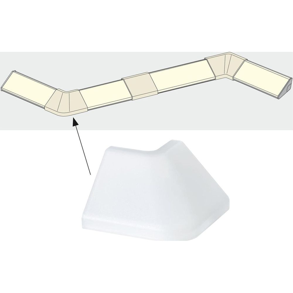 Un connecteur d'angle blanc pour luminaires est montré.