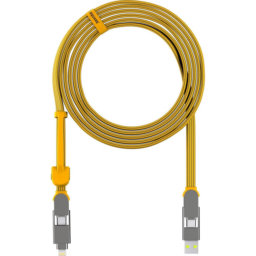 Een opgerolde gele oplaadkabel met lightning- en USB-connectoren.