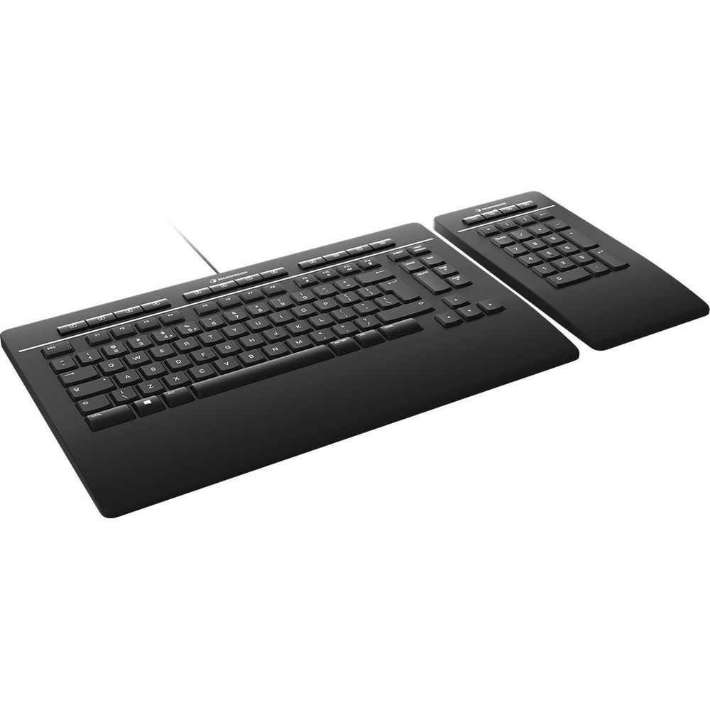 Un teclado y bloque numérico negros con cable, sobre fondo blanco.
