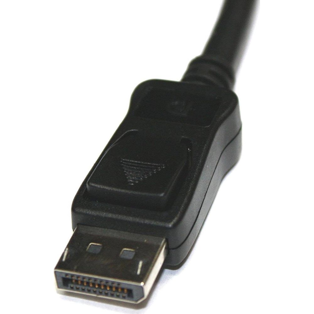 Czarny złącze DisplayPort z zatrzaskiem zwalniającym i metalowymi pinami.