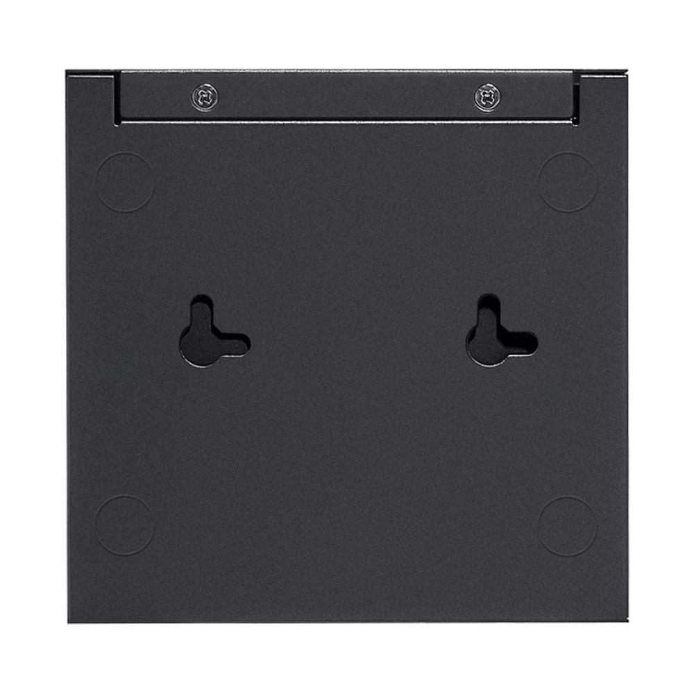 Arrière d'un appareil noir avec deux supports en trou de serrure et vis.