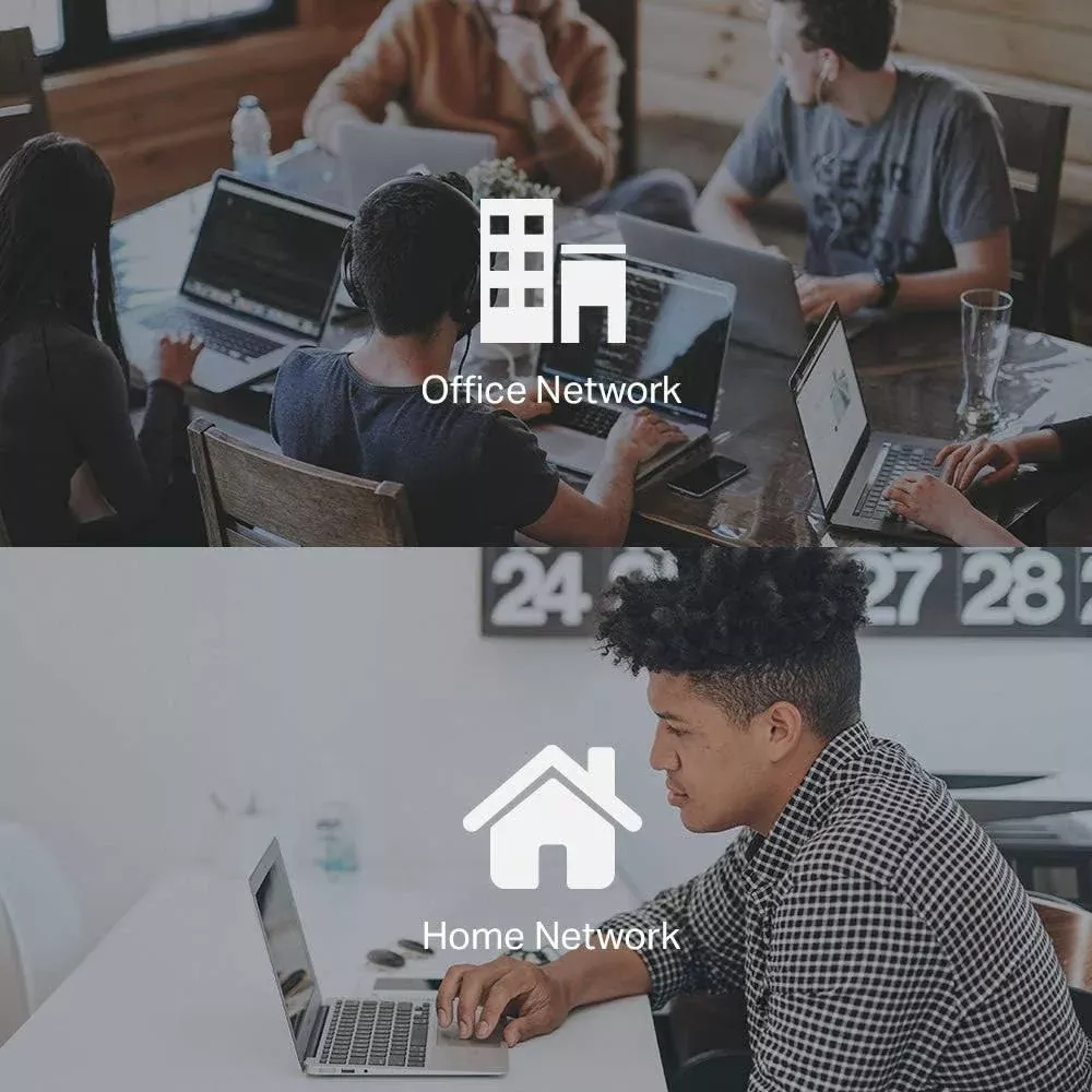 Bureau et domicile : des gens travaillent sur des ordinateurs portables, icônes réseau.
