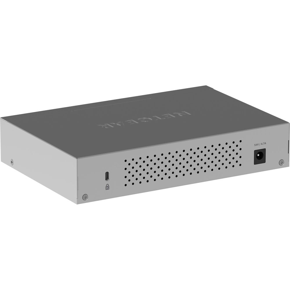 Dispositivo Netgear grigio con fori di ventilazione e porte frontali.