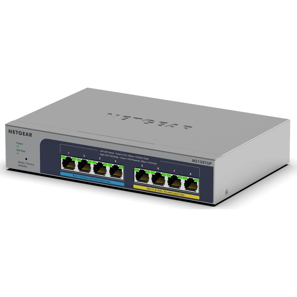 Switch Netgear MS108TUP 8 porte, argento, con indicatori LED.
