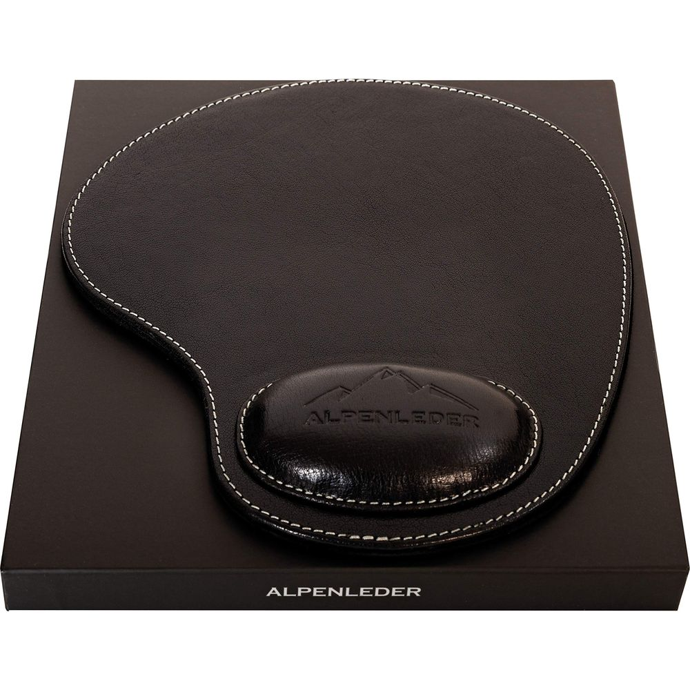 Tapis de souris en cuir noir avec repose-poignet et surpiqûres blanches.