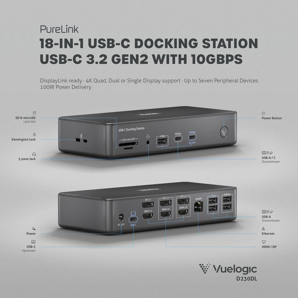 Stazione docking PureLink USB-C 18 in 1 con molte porte anteriori e posteriori.