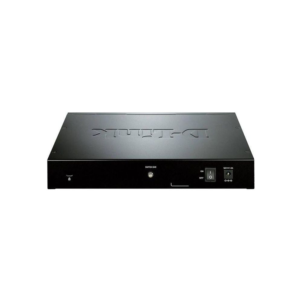 Zwarte D-Link netwerkswitch met aan/uit-schakelaar en stroomadapterpoort.