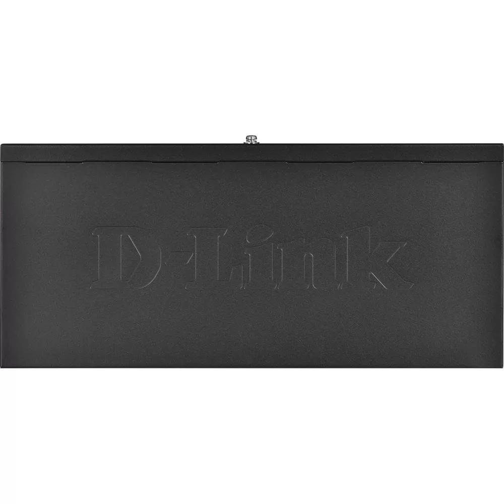 Zwarte D-Link netwerk switch behuizing met logo.