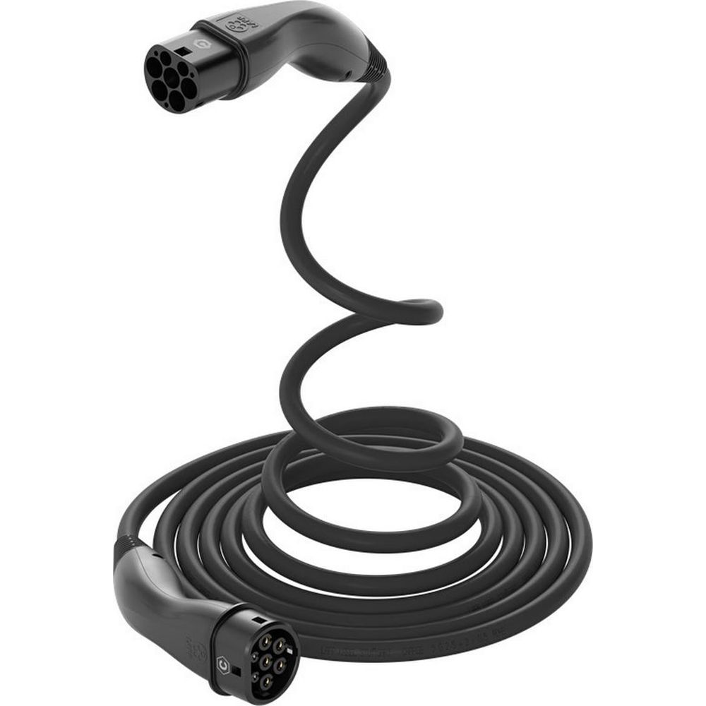 Un cavo di ricarica nero con due connettori, arrotolato.